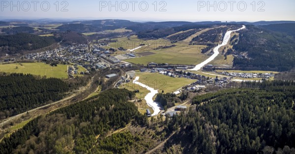 Ski downhill run with chairlift and Ettelsberg high heath tower, Willingen, Sauerland, Hesse,