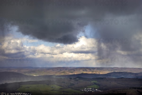 Aerial view, clouds over the forest area near Wilgersdorf, Wilnsdorf, Siegerland, North