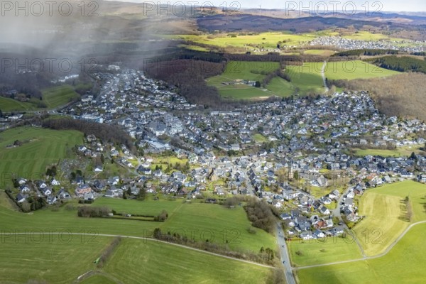 Aerial view, local view, catholic St. Martin church in Wilnsdorf and Protestant church - Protestant
