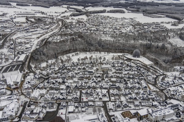 Aerial view of the snowy winter landscape of Winterberg with deserted streets during the Corona