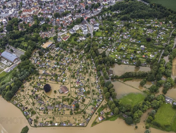 Aerial photo, Ruhr flood, flooded campsite Amsel restaurant on the Ruhr Valley cycle path in