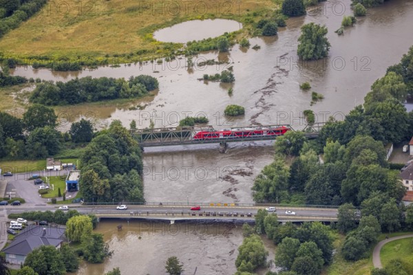 Aerial photo, Ruhr flood, Fröndenberg, Fröndenberg/Ruhr, Ruhr area, North Rhine-Westphalia,