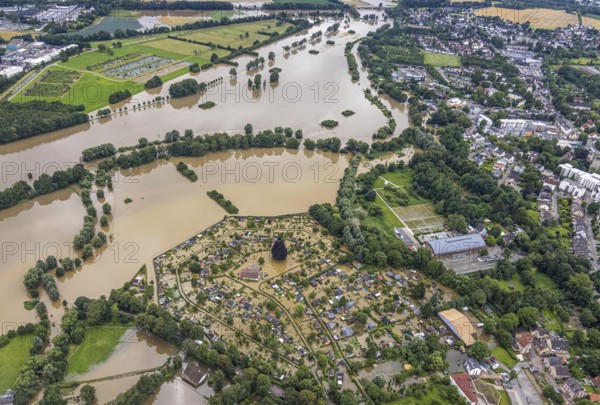 Aerial photo, Ruhr flood, flooded campsite Amsel restaurant on the Ruhr Valley cycle path in