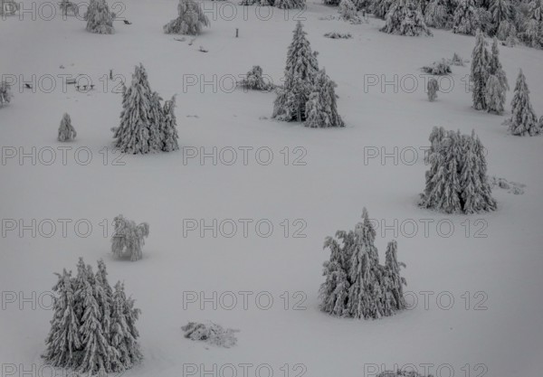 Aerial view of the snowy winter landscape of Winterberg below the Kahler Asten with snow-covered