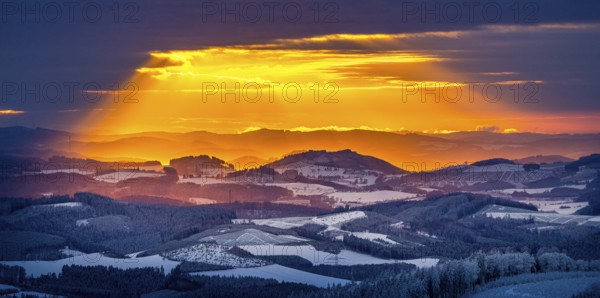 Aerial view of the sunset with a view over the snowy winter landscape from Winterberg to the