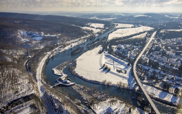 Aerial view, Ruhr river, Ruhr viaduct Witten, Hohenstein hydroelectric power station, Witten, Ruhr