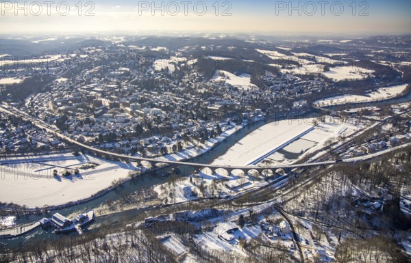 Aerial view, Ruhr river, Ruhr viaduct Witten, Hohenstein hydroelectric power station, Witten, Ruhr