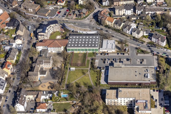 Aerial view, Pferdebachstraße corner Hörder Straße, Harkortschule and sports hall, Edeka