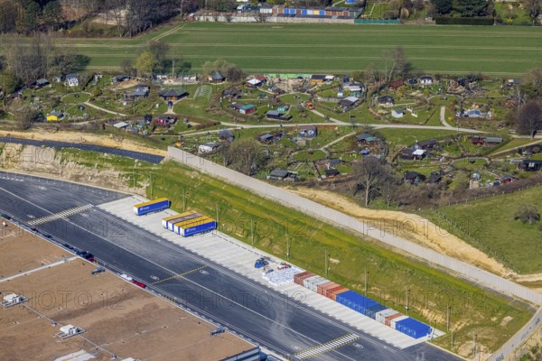 Aerial view, allotment garden site Mellmausland next to the Amazon site on the industrial estate on