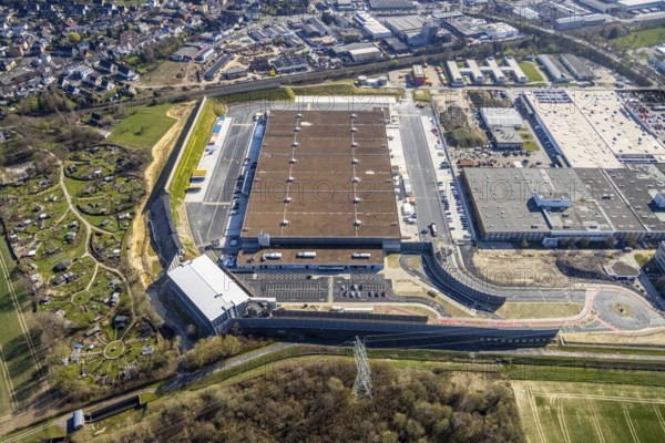 Aerial view, construction site new building Amazon logistics centre, industrial estate on
