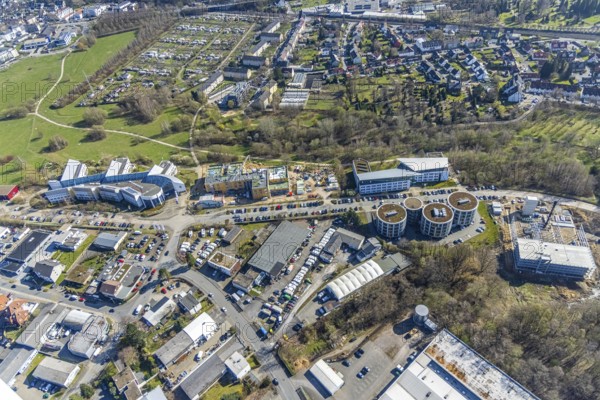 Aerial view, University of Witten / Herdecke, construction site new campus extension in timber