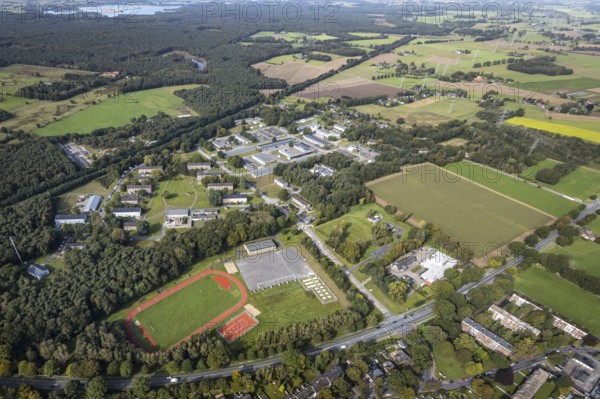 Aerial view, Schill barracks with sports field in the district Blumenkamp in Wesel, Lower Rhine,