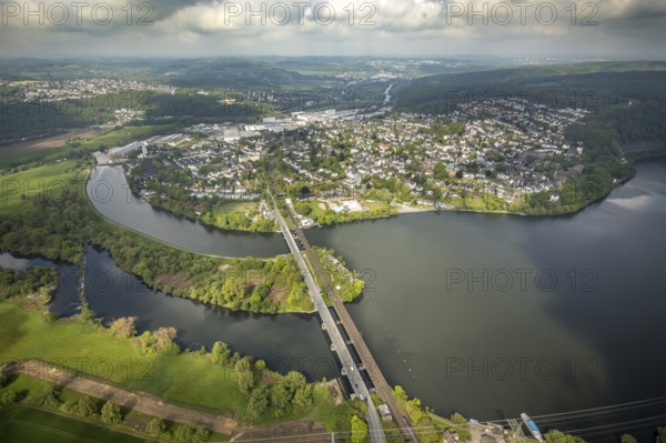 Aerial view, town view Wetter with railway bridge and Obergrabenbrücke Friedrichstraße over the