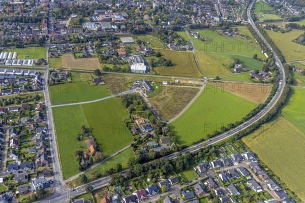 Aerial view, construction site and new construction of a kindergarten on Agnes-Neuhaus-Allee in the