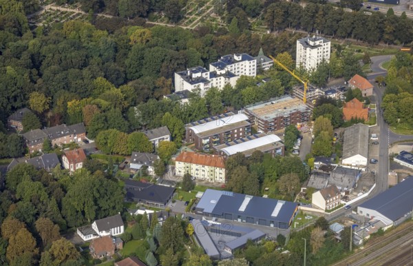Aerial view, construction site and new construction of rental flats on Isselstraße in Wesel, Lower
