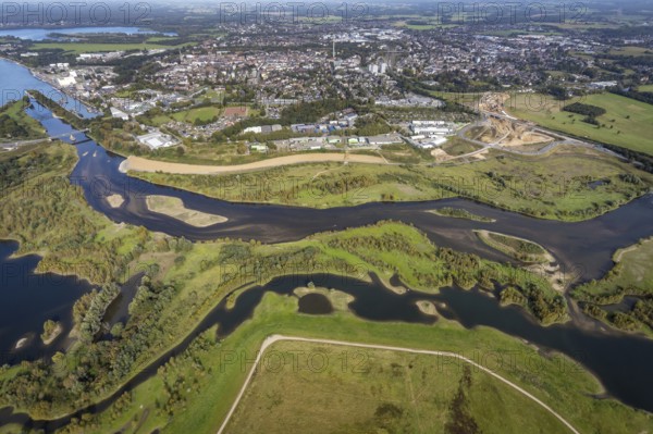 Aerial view, renaturalisation of the Lippe estuary area between Lippeschlösschen and Rhine bridge