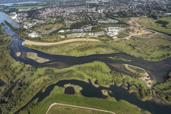 Aerial view, renaturalisation of the Lippe estuary area between Lippeschlösschen and Rhine bridge