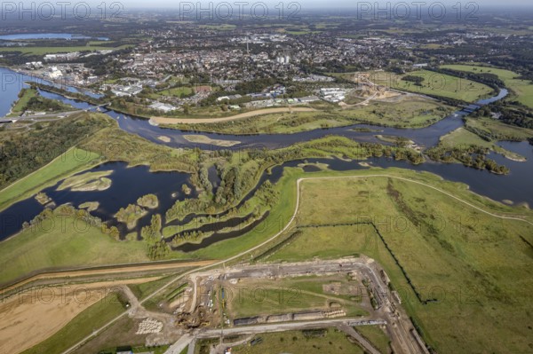 Aerial view, renaturalisation of the Lippe estuary area between Lippeschlösschen and Rhine bridge