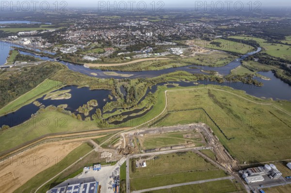 Aerial view, renaturalisation of the Lippe estuary between Lippeschlösschen and Rhine bridge and