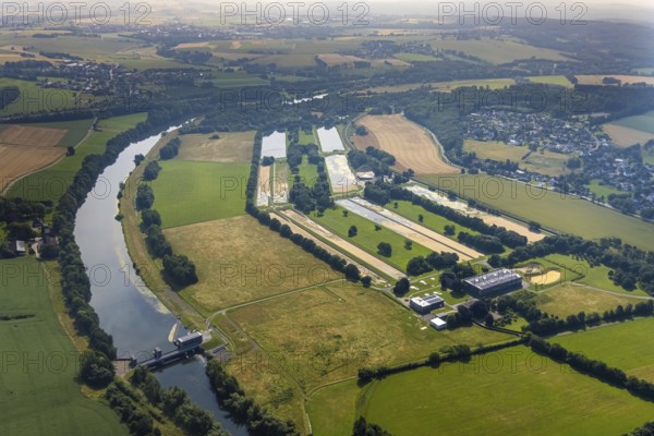 Aerial view, Wasserwerke Westfalen GmbH, river Ruhr with hydropower plant Echthausen, Echthausen,