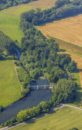 Aerial view, meadows and fields at the river Ruhr and Obergraben Am power plant, Wickede,