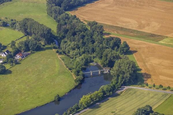 Aerial view, meadows and fields at the river Ruhr and Obergraben Am power plant, Wickede,