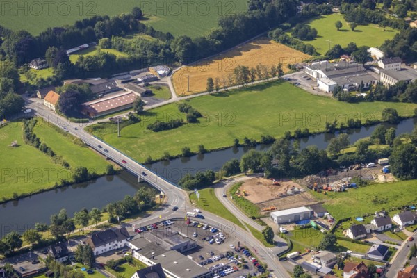 Aerial view, Ruhr bridge federal road 63 over the river Ruhr, construction site on the banks of the