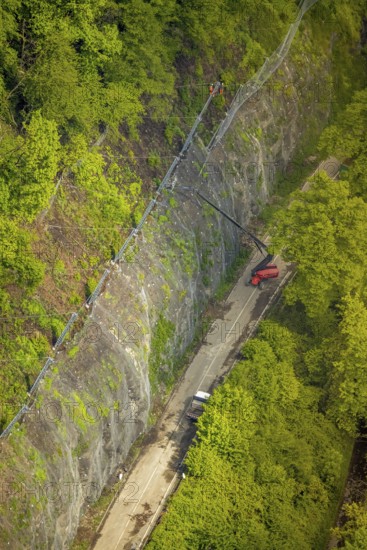 Aerial photo, rock protection fences and construction work on the closed cycling and hiking trail