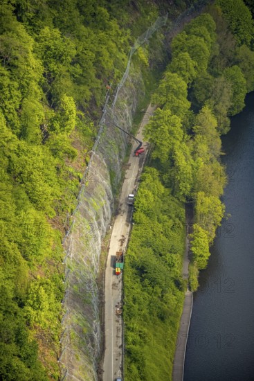 Aerial photo, rock protection fences and construction work on the closed cycling and hiking trail