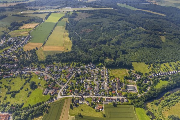 Aerial view, forest area Wetterberg Westerheide and town view Echthausen, Wickede, Sauerland, North