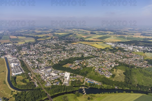 Aerial view, local view Wickede, outdoor swimming pool Wickede and river Ruhr, Wickede, Sauerland,