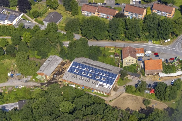 Aerial view, indoor riding arena riding club Birkenbaum with solar roof, Wickede, Sauerland, North