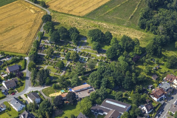 Aerial view, Max and Moritz Kindergarten Echthausen and cemetery in Echthausen, Wickede, Sauerland,