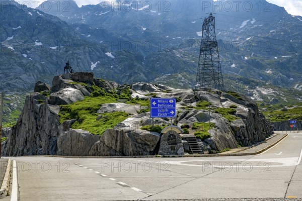 Gotthard pass summit with fork to the left Milan Bellinzona right Lucerne Zurich, Canton Uri,
