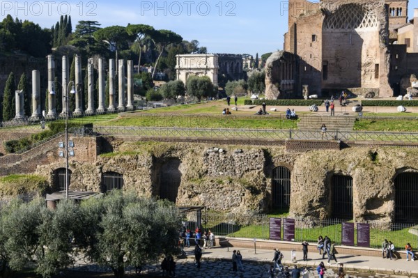 Foundations of the substructure of the Temple of Venus and Roma, Arch of Titus on the left in the