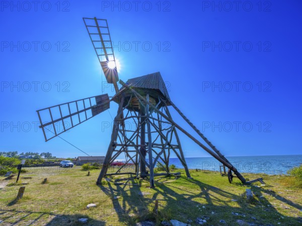 Historic grist mill, grinding mill, backlit, Jordhamn, Öland, Sweden