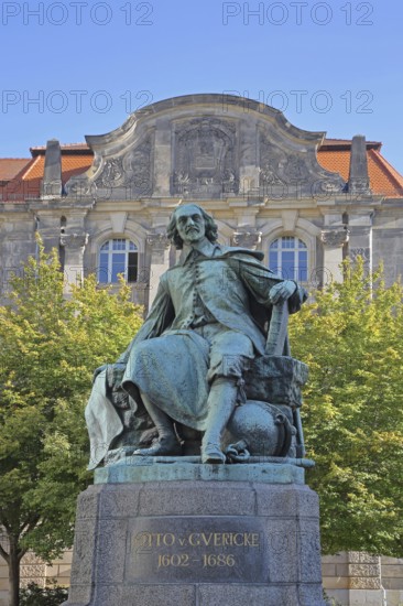 Otto von Guericke Fountain and monument to physicist Otto von Guericke, inscription, sculpture, New