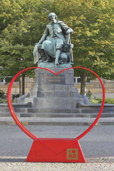 Red heart with I like MD and Otto von Guericke Fountain, monument, sculpture, inscription, view,