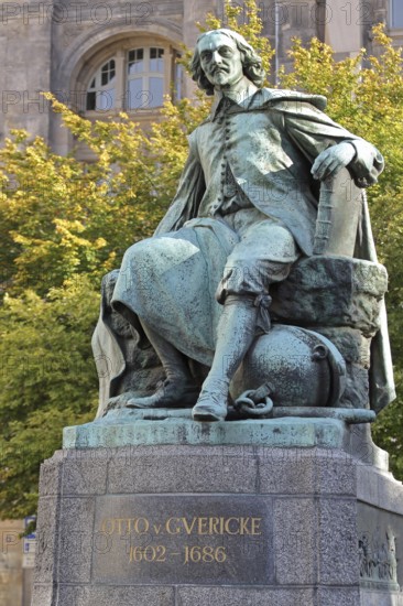 Otto von Guericke Fountain and monument to physicist Otto von Guericke, sculpture, inscription,