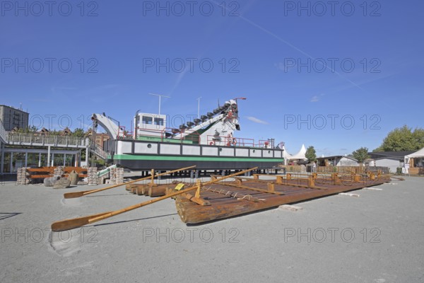 Raft with rudder and historic ship Taucherschacht II built in 1898, wooden construction, open-air