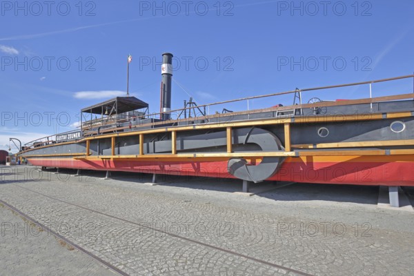 Historic tugboat Gustav Zeuner built in 1894, steamer, tugboat, open-air museum, inscription, ship