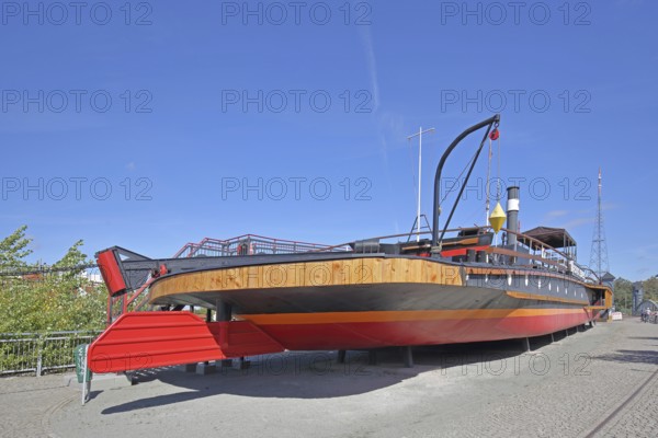 Historic tugboat Gustav Zeuner built in 1894, steamer, tugboat, stern, rudder, open-air museum,