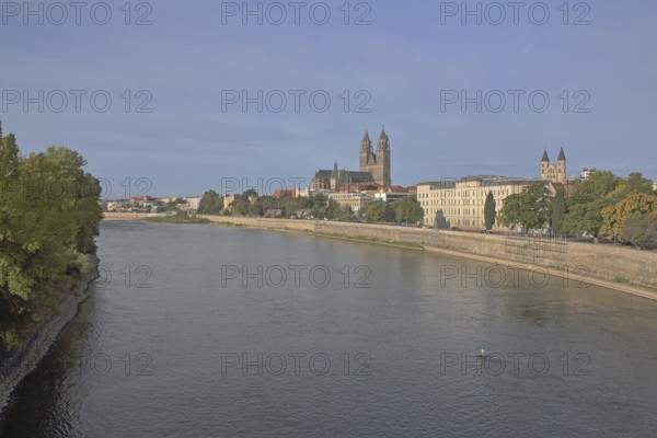Cityscape with gothic cathedral, romanesque monastery Unser Lieben Frauen and Elbe, church towers,