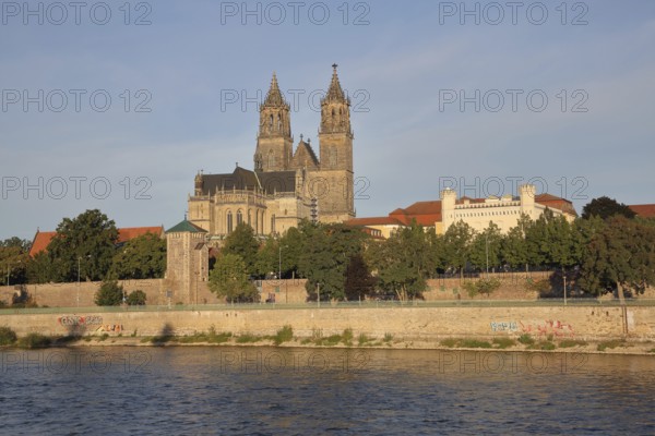 Cityscape with Gothic cathedral, city wall with defence defence tower Kiek in de Köken and building