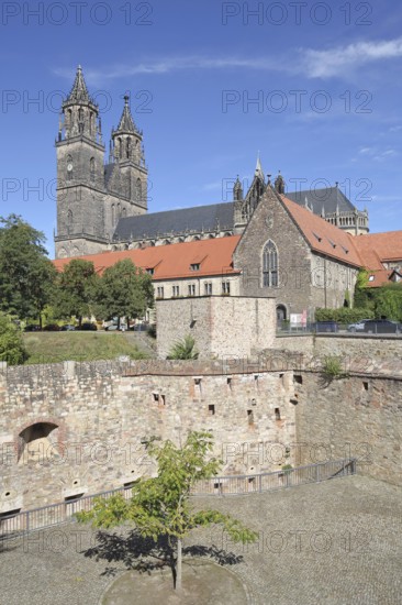 Medieval bastion Cleve with defence defence tower Cleve and Gothic Magdeburg Cathedral, St.