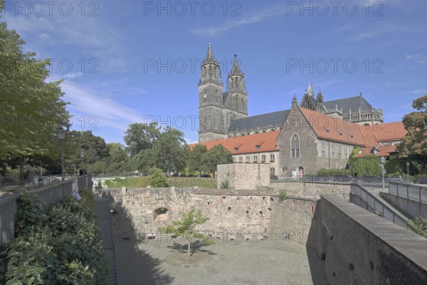 Medieval bastion Cleve with defence defence tower Cleve and Gothic Magdeburg Cathedral, St.