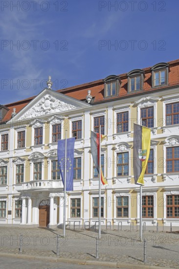 Baroque Winneberg Palace built in 1728 and Saxony-Anhalt State Parliament with EU flag, German