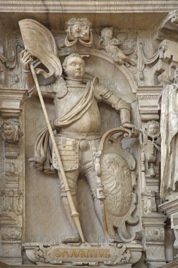 Decorations on the Renaissance pulpit by Christoph Kapup 1597 made of alabaster, Saint Mauritius,