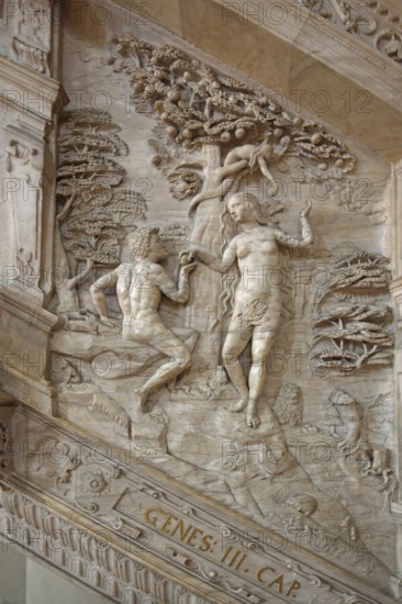 Decorations on the Renaissance pulpit by Christoph Kapup 1597 made of alabaster, Paradise with Fall