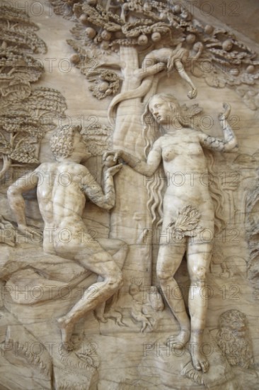Decorations on the Renaissance pulpit by Christoph Kapup 1597 made of alabaster, Paradise with Fall